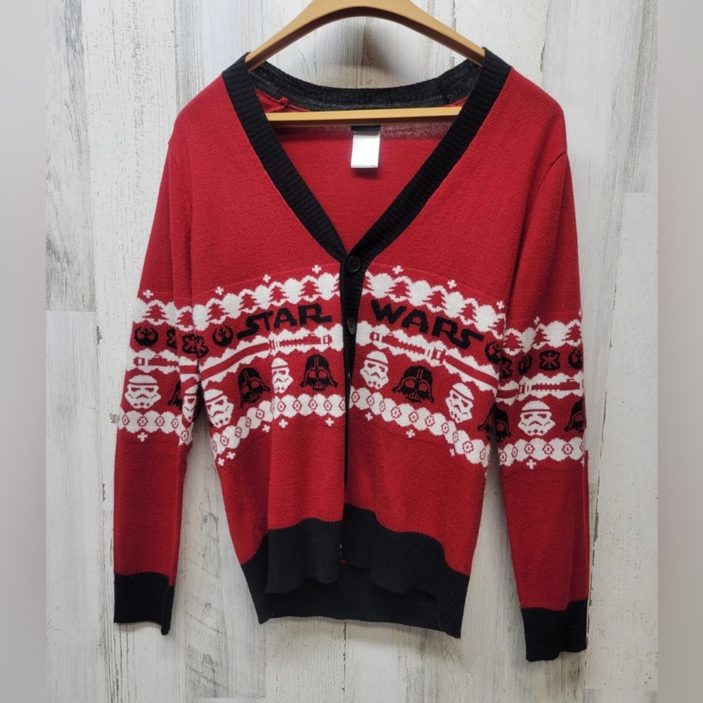 Star Wars Womens Red Ugly Christmas Button Front Cardigan Sweater Size Small
